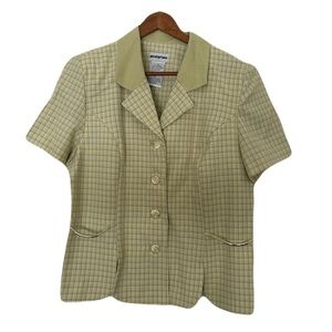 Perceptions Sz 14 Button Up Plaid Blouse Short Sleeve Blazer Shoulder Pads NEW